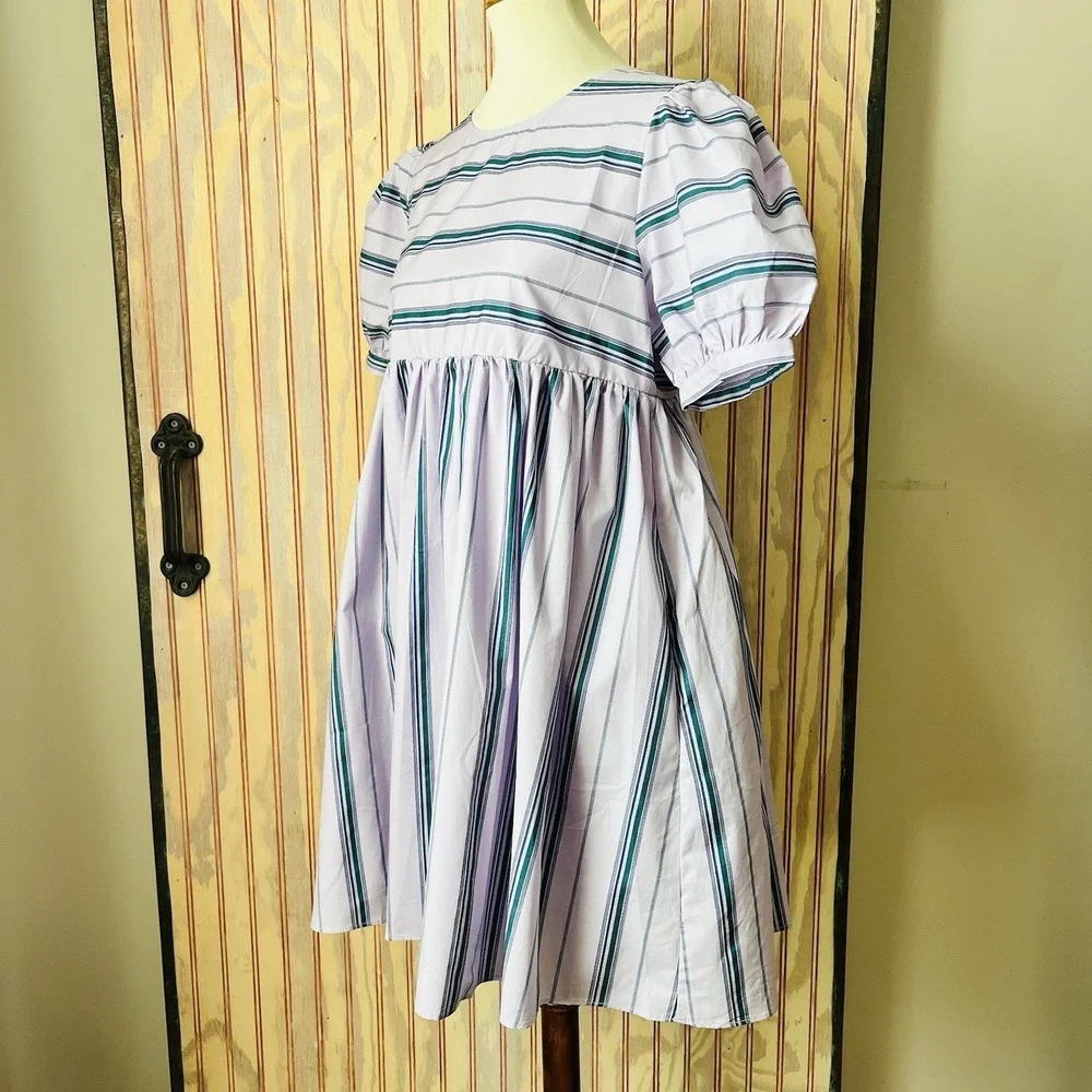 NWT English Factory Regency Striped Puff Sleeve Babydoll Mini Dress Size M - Picture 2 of 9